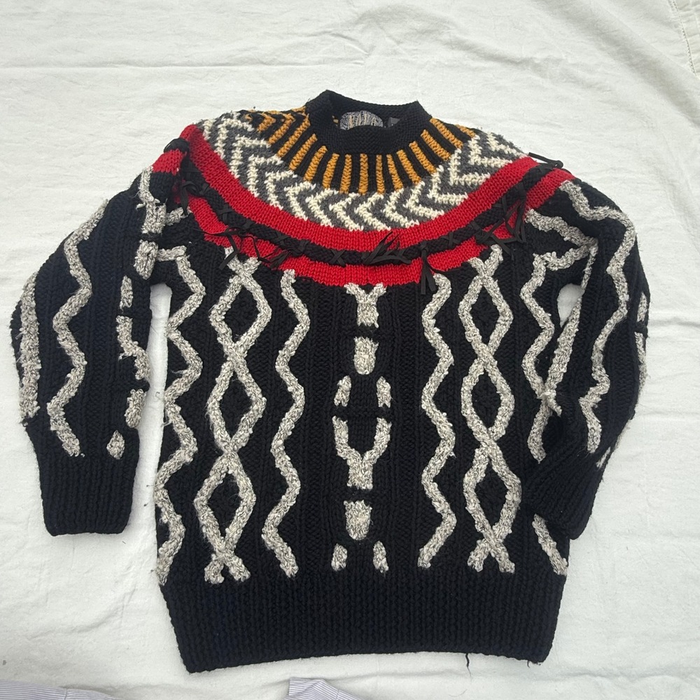 Vintage Novo Hand Knit Wool Blend Southwestern Fringe Chunky Sweater M